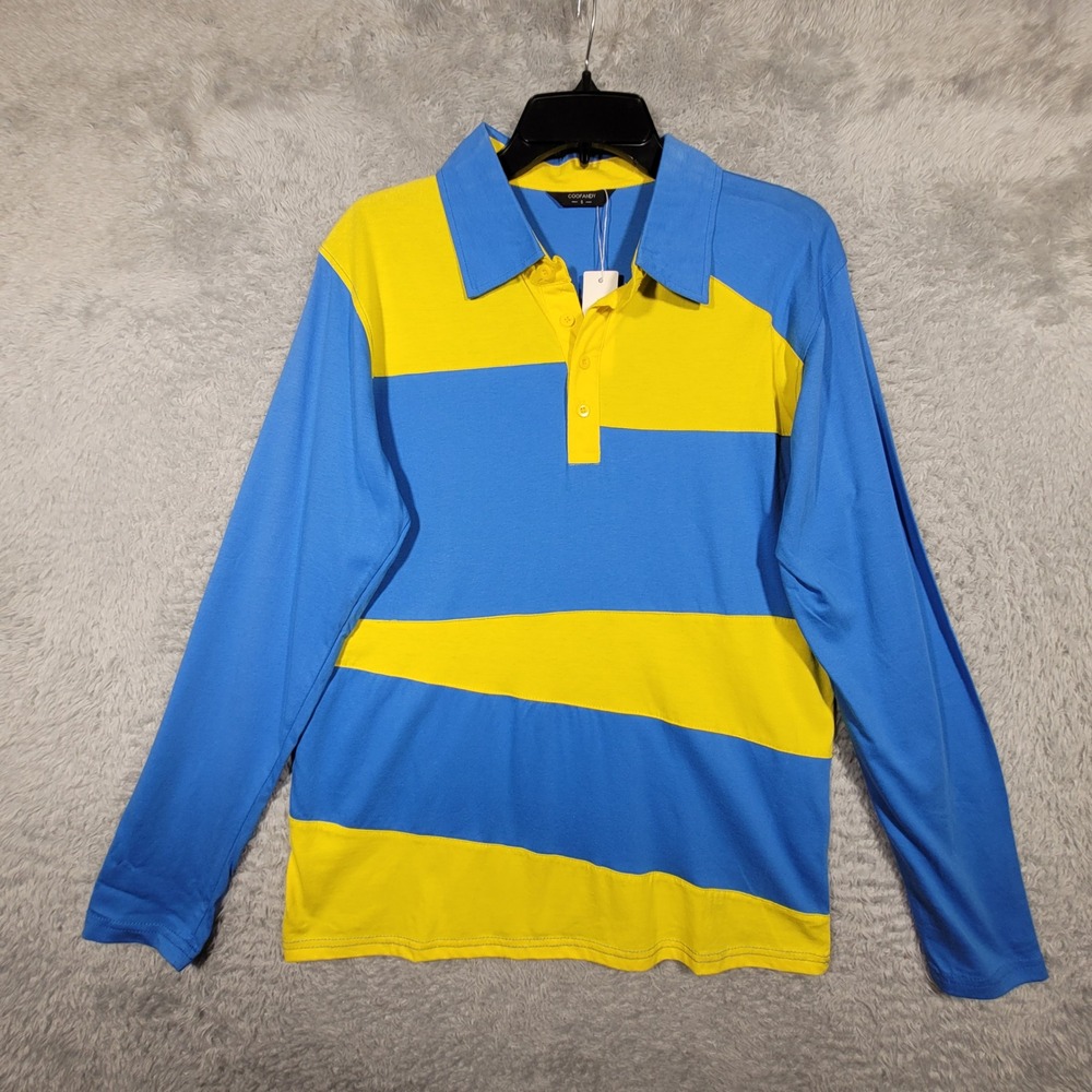 COOFANDY‎ Polo Shirt Mens Small Blue Yellow Striped Long Sleeve *